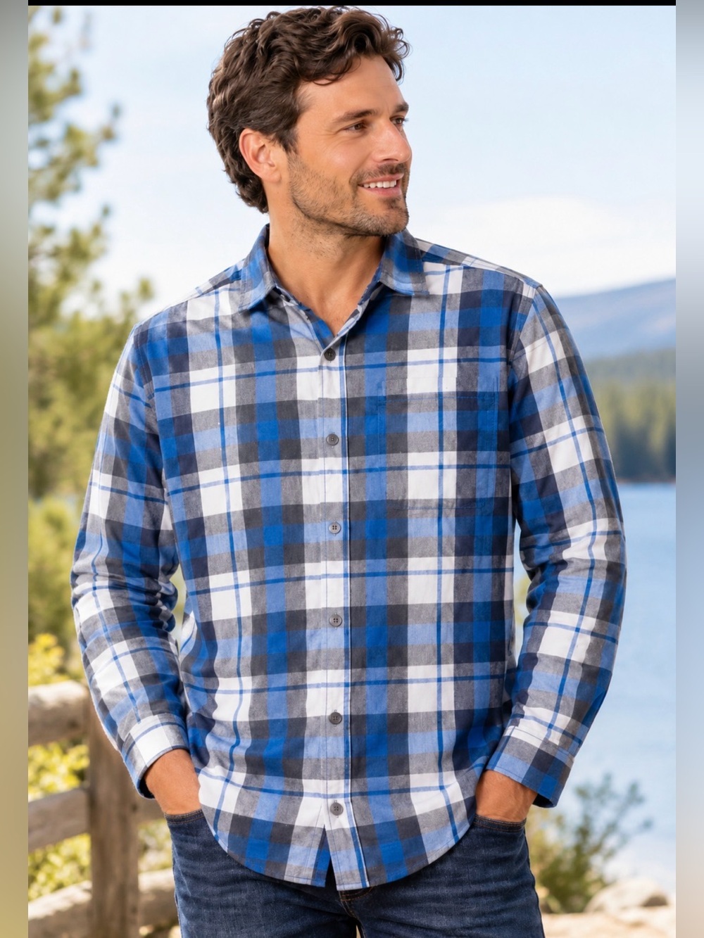 Columbia Men’s Blue Plaid Long Sleeve Button-Up Shirt – Outdoor Casual